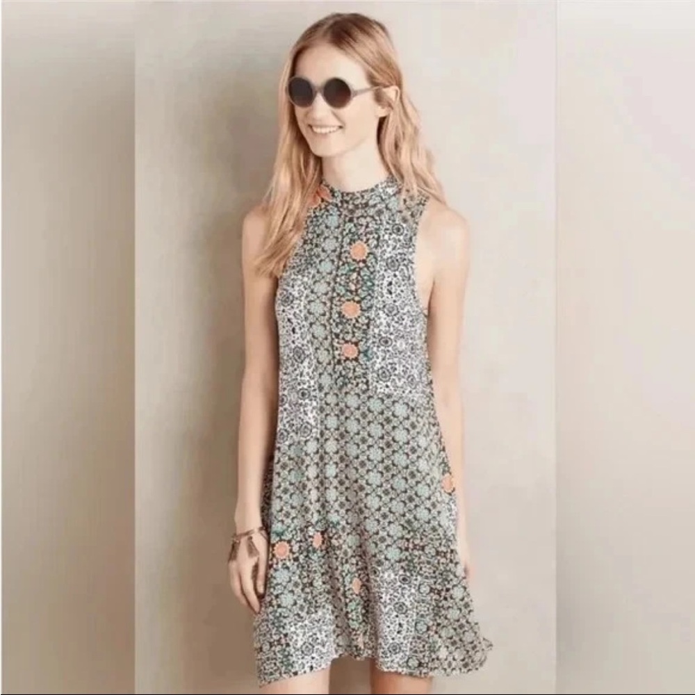 Anthropologie Mint Green Floral Sleeveless Swing Dress with Coral Accents